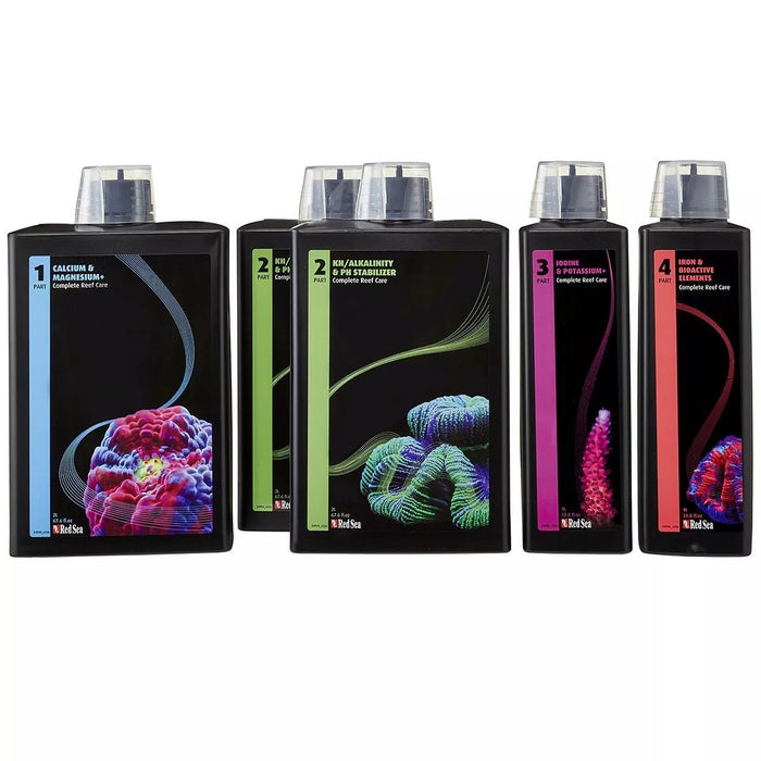 Red Sea 4-Part Complete Reef Care Dosing System bottles for optimal coral growth and health in aquariums.