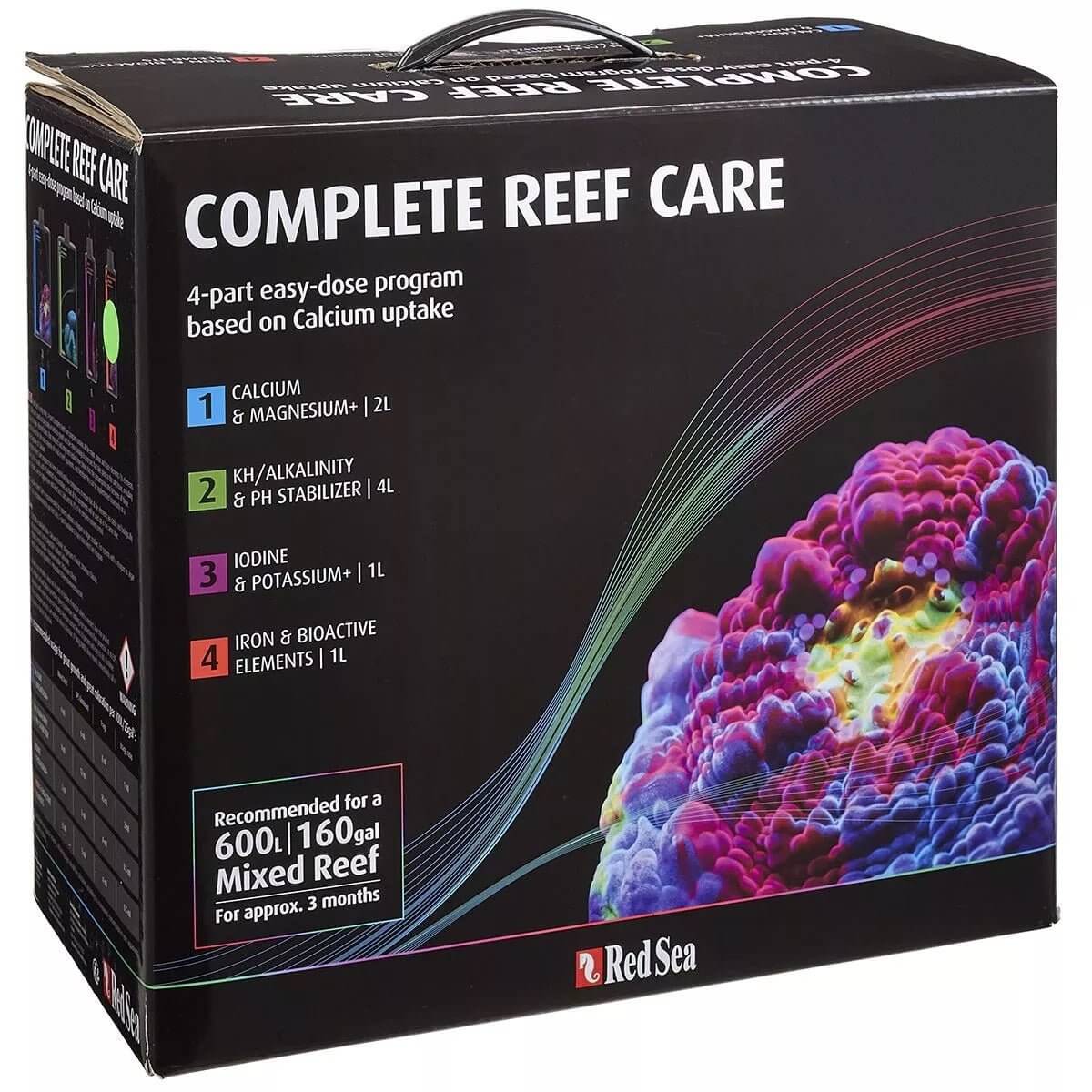 Red Sea Complete Reef Care 4-Part Dosing System box, featuring labels for Calcium, KH, Iodine, and Iron elements.