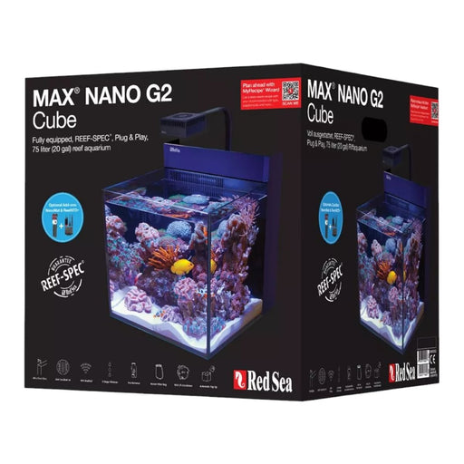 Red Sea Max NANO G2 Cube 75L aquarium system packaging showcasing vibrant coral and fish. Perfect for hassle-free reef keeping.