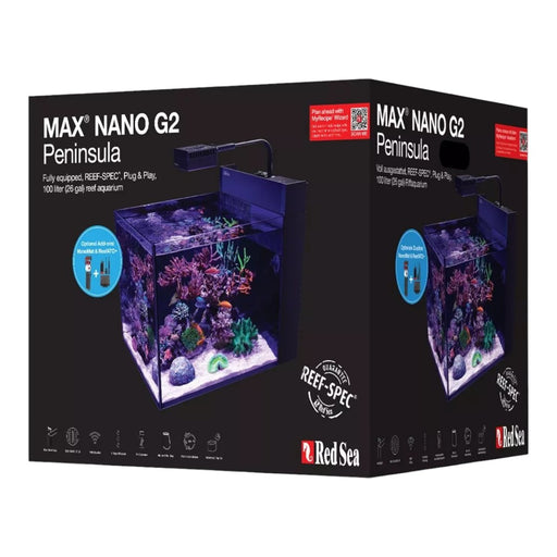 Red Sea Max NANO G2 Peninsula Cube Aquarium System 100L packaging with vibrant coral and integrated lighting.