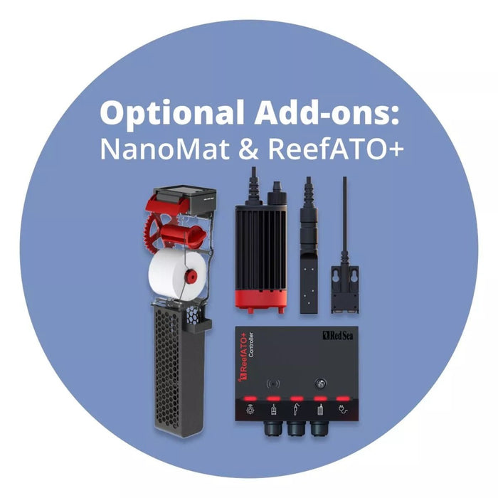 Optional add-ons for Red Sea Max NANO G2, featuring NanoMat and ReefATO+ equipment for enhanced aquarium performance.