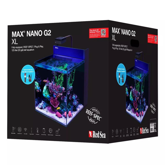 Red Sea Max NANO G2 XL Cube Complete Reef Aquarium System 125L packaging with vibrant coral design and features highlighted.