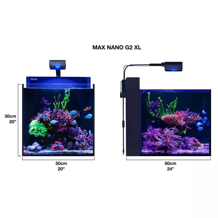 Red Sea Max NANO G2 XL Cube Aquarium 125L showing colorful reef setup and LED lighting dimensions.