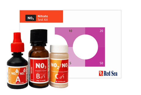 Red Sea MCP Nitrate Nitrite Test Kit including bottles for nitrate and nitrite testing with colorimetric chart.