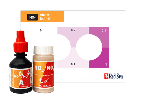 Red Sea MCP Nitrate Nitrite Test Kit with bottles and colorimetric scale for marine aquariums.