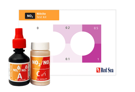 Red Sea MCP Nitrate Nitrite Test Kit with bottles and colorimetric scale for marine aquariums.