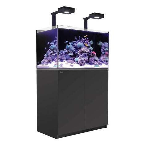 Red Sea Reefer G2+ 250 aquarium with vibrant corals, lighting, and modern cabinet design for optimal reef tank setup.