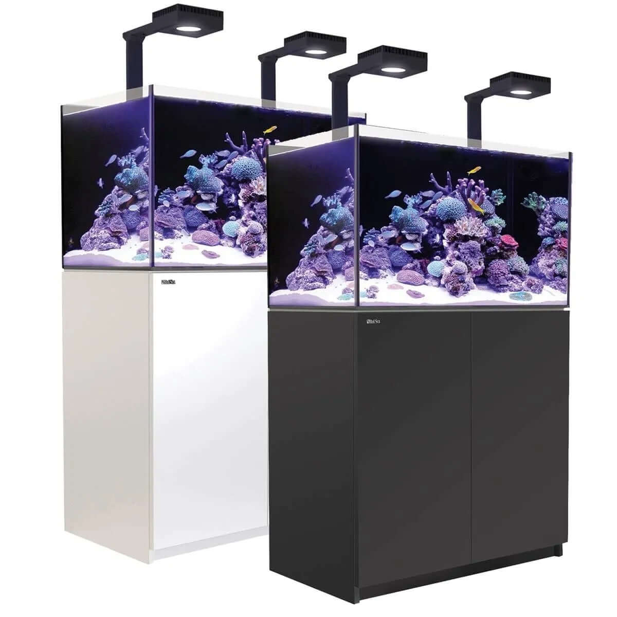Red Sea Reefer G2+ 250 aquarium systems in black and white finishes with vibrant coral display and LED lighting.