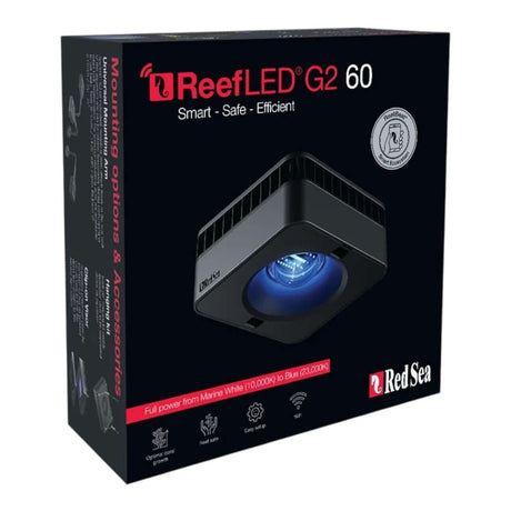 Red Sea ReefLED G2 60 Marine Light packaging featuring vibrant color spectrum and adjustable temperature settings.