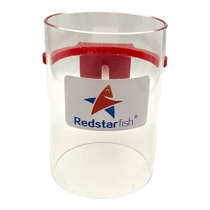 Red Starfish Fish Feeding Ring Clip On for aquariums, featuring clear plastic design and adjustable clip for easy attachment.