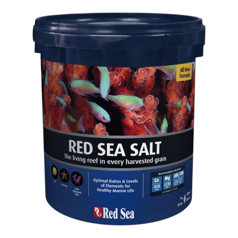Red Sea Salt package showing premium sea salt for marine aquariums with vibrant reef image and nutritional information.