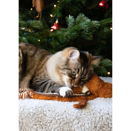 Cat playing with the Reindeer Scratcher Mat, showcasing its interactive design and engaging bungee legs.