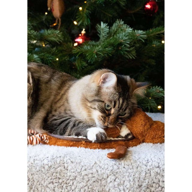 Cat playing with the Reindeer Scratcher Mat, showcasing its interactive design and engaging bungee legs.
