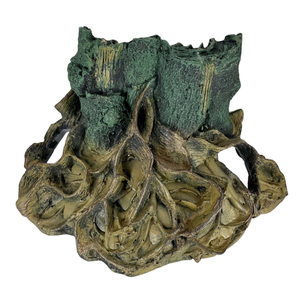 Resin tree stump aquarium ornament with realistic textures for aquatic decor.