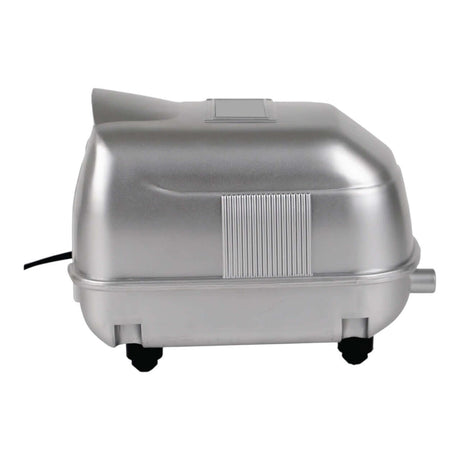 Resun LP Low Noise High Pressure Air Pump side view with a silver plastic body and wheels.