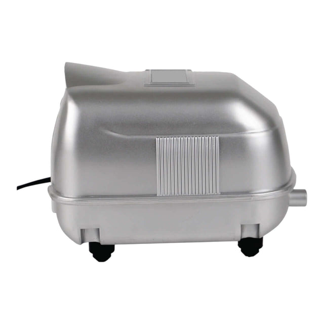 Resun LP Low Noise High Pressure Air Pump side view with a silver plastic body and wheels.