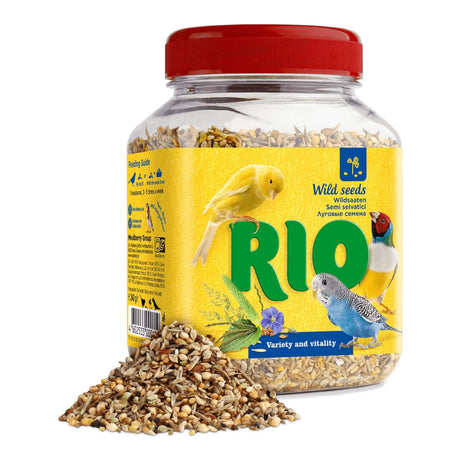 RIO Wild Seeds Mix 240g jar with budgies, canaries, and colorful wild birds, showcasing vitality and nutrition for pets.