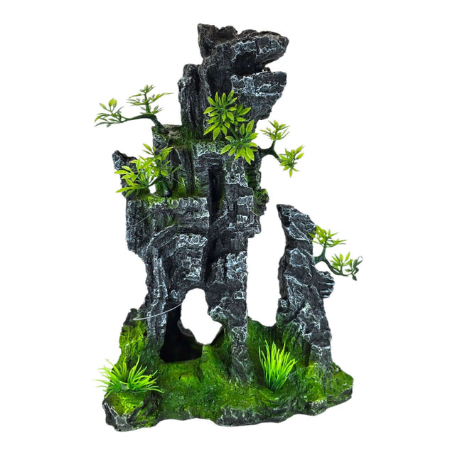 Rock Hill aquarium decoration featuring realistic gray rock formation with vibrant green plants and moss.