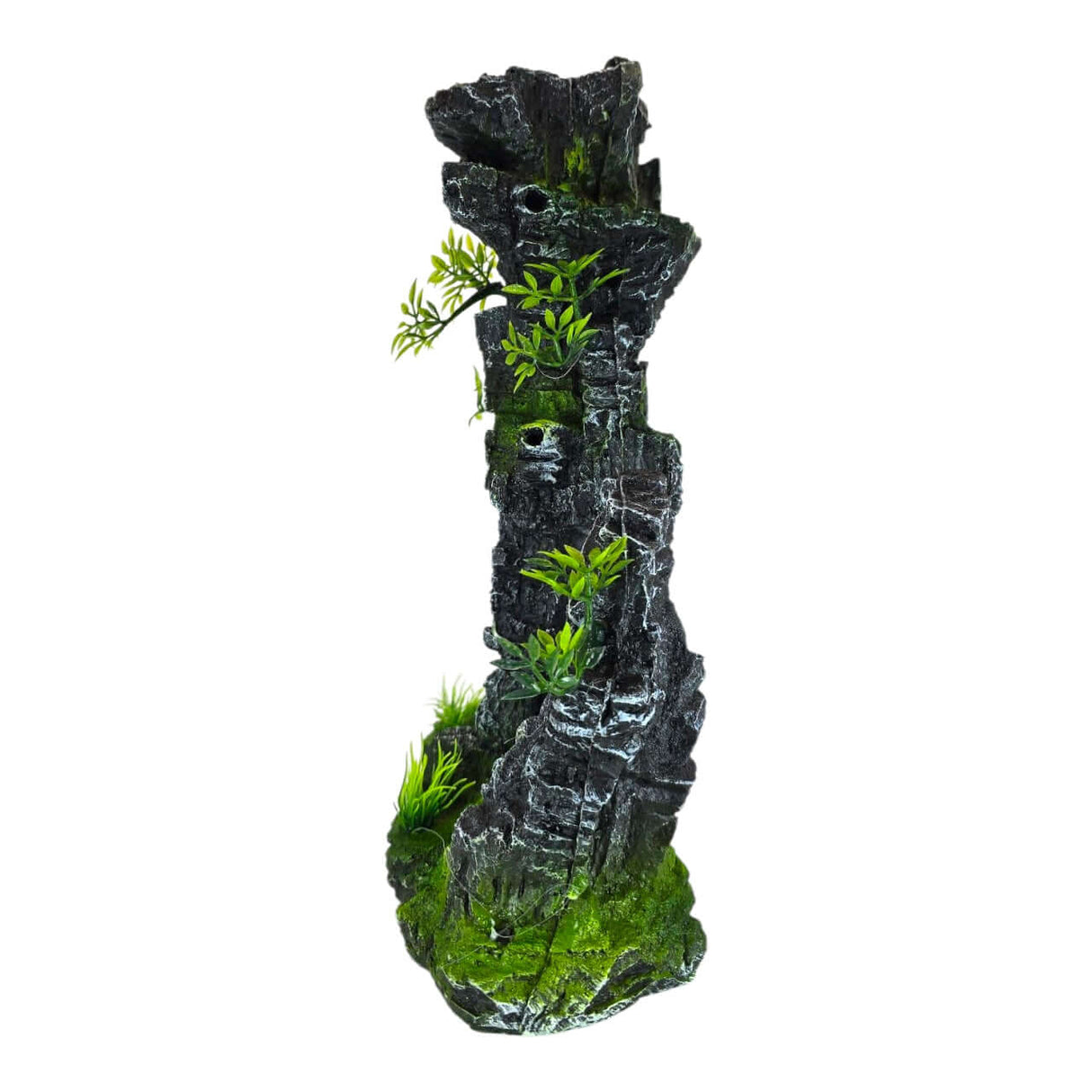 Rock Hill aquarium decoration with plants and moss, realistic dark gray rocky formation for vibrant aquatic environments.