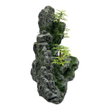 Rock Hill with Trees Aquarium Ornament, dark gray rocky formation with green moss and plants for aquarium decor.
