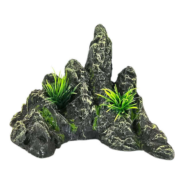 Rock Peak Aquarium Ornament with realistic mountain landscape and green plants for aquarium decor.