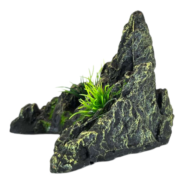 Realistic Rock Peak Aquarium Ornament with green grass accents, perfect for terrarium or aquarium decor.