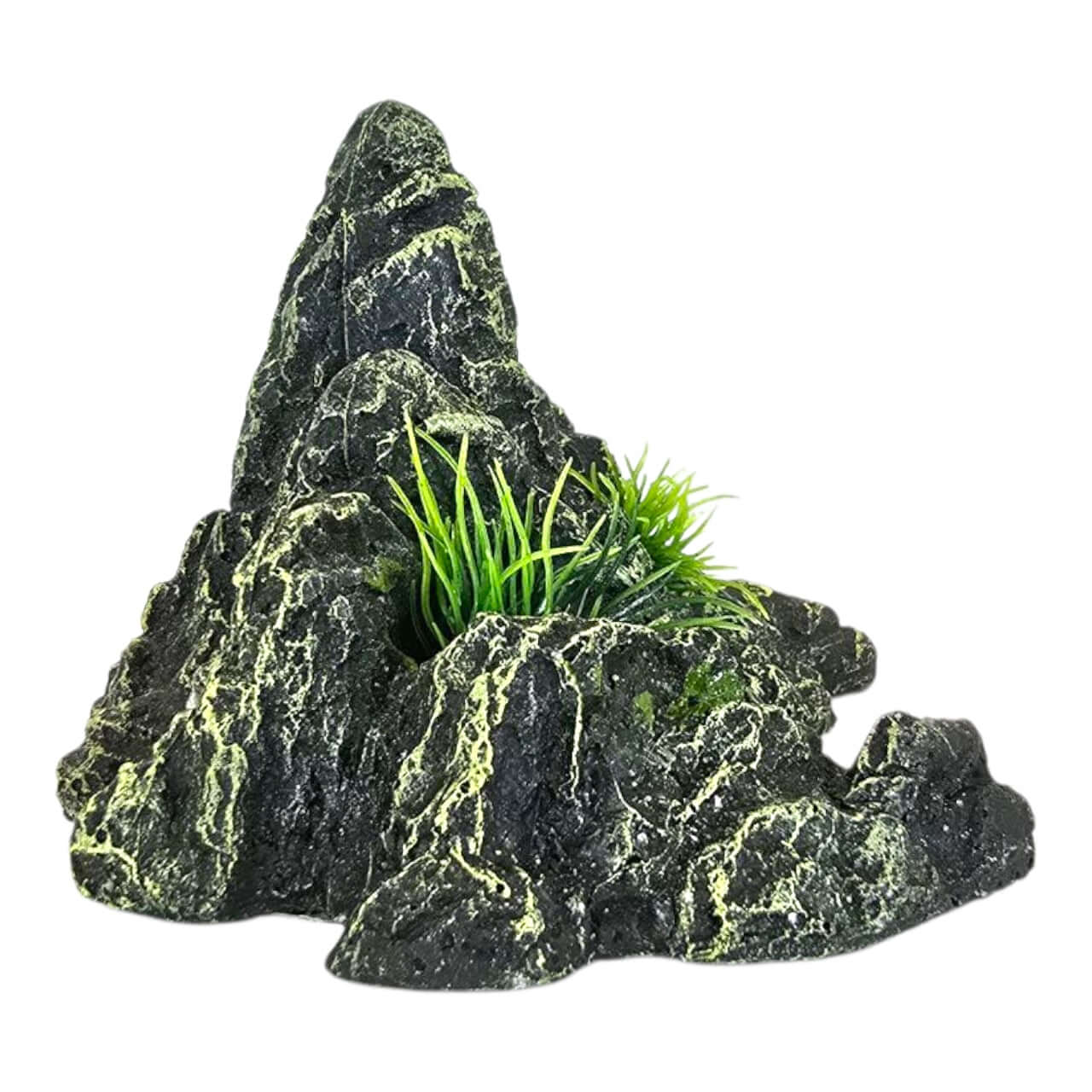 Rock Peak Aquarium Ornament with realistic mountain design and greenery for aquarium and terrarium decor.