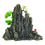 Rock Trees Red Temple Aquarium Ornament with green plants, resembling a rugged mountain outcrop for aquariums.