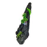 Rock with Waterfall Aquarium Ornament, featuring a tall tiered rock formation with lush greenery.