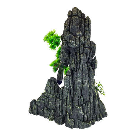 Rock with Waterfall Aquarium Ornament showcasing a detailed tiered rock formation and lush green plants.