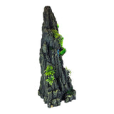 Rock with Waterfall Aquarium Ornament featuring a tiered rock formation and lush green plants.