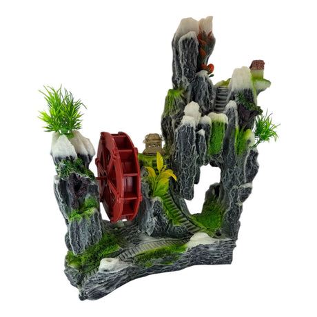 Rock with Waterwheel Aquarium Ornament showcasing a detailed mountainous scene with vibrant red water wheel.