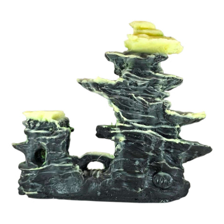 Rock with Bridge Aquarium Ornament, detailed black and gray stone design for aquarium or terrarium decoration.