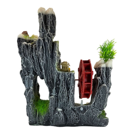 Rock with Waterwheel aquarium ornament showcasing a detailed mountainous scene and vibrant red water wheel.