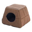 Rogz Pop-Up Cat Bed, cozy hideaway for pets, collapsible design, brown fabric, ideal for cats and small dogs.