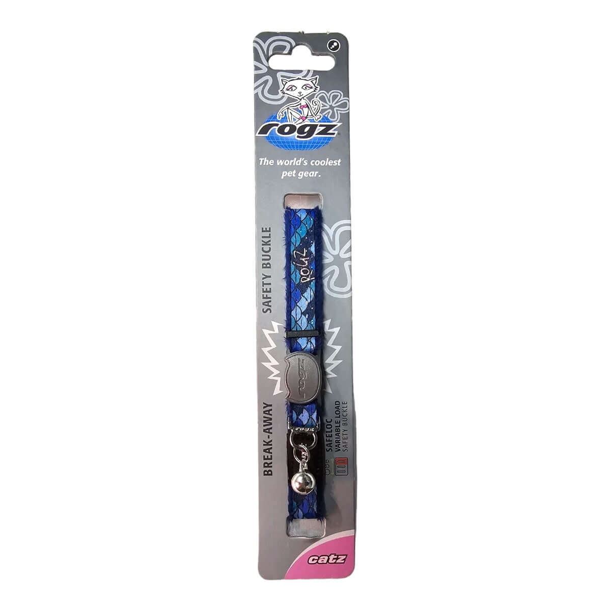 Rogz Fashion Cat Safety Collar in blue with break-away safety buckle and packaging design, ideal for stylish cat identification.