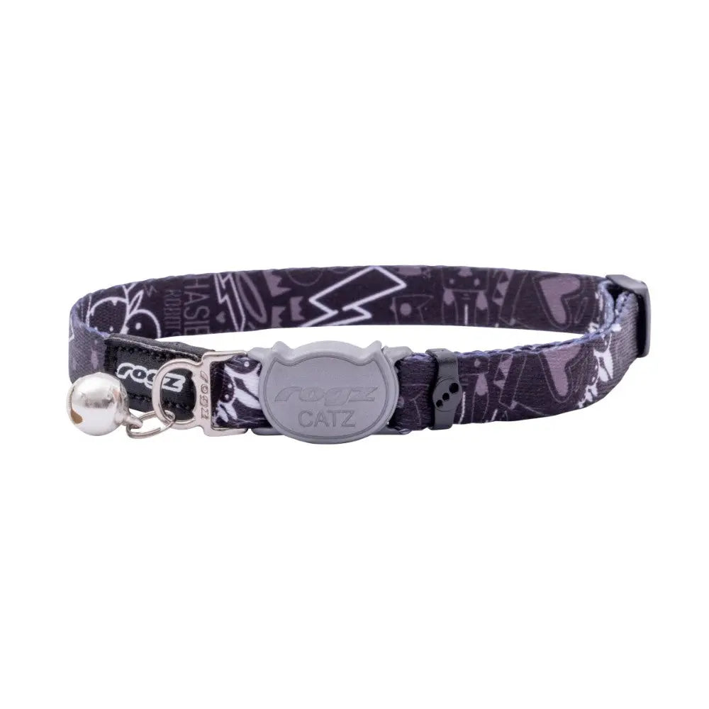 Rogz Fusion Cat Safety Collar featuring colorful designs and adjustable break-away safety buckle for cat comfort.
