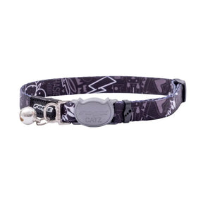 Rogz Fusion Cat Safety Collar featuring colorful designs and adjustable break-away safety buckle for cat comfort.