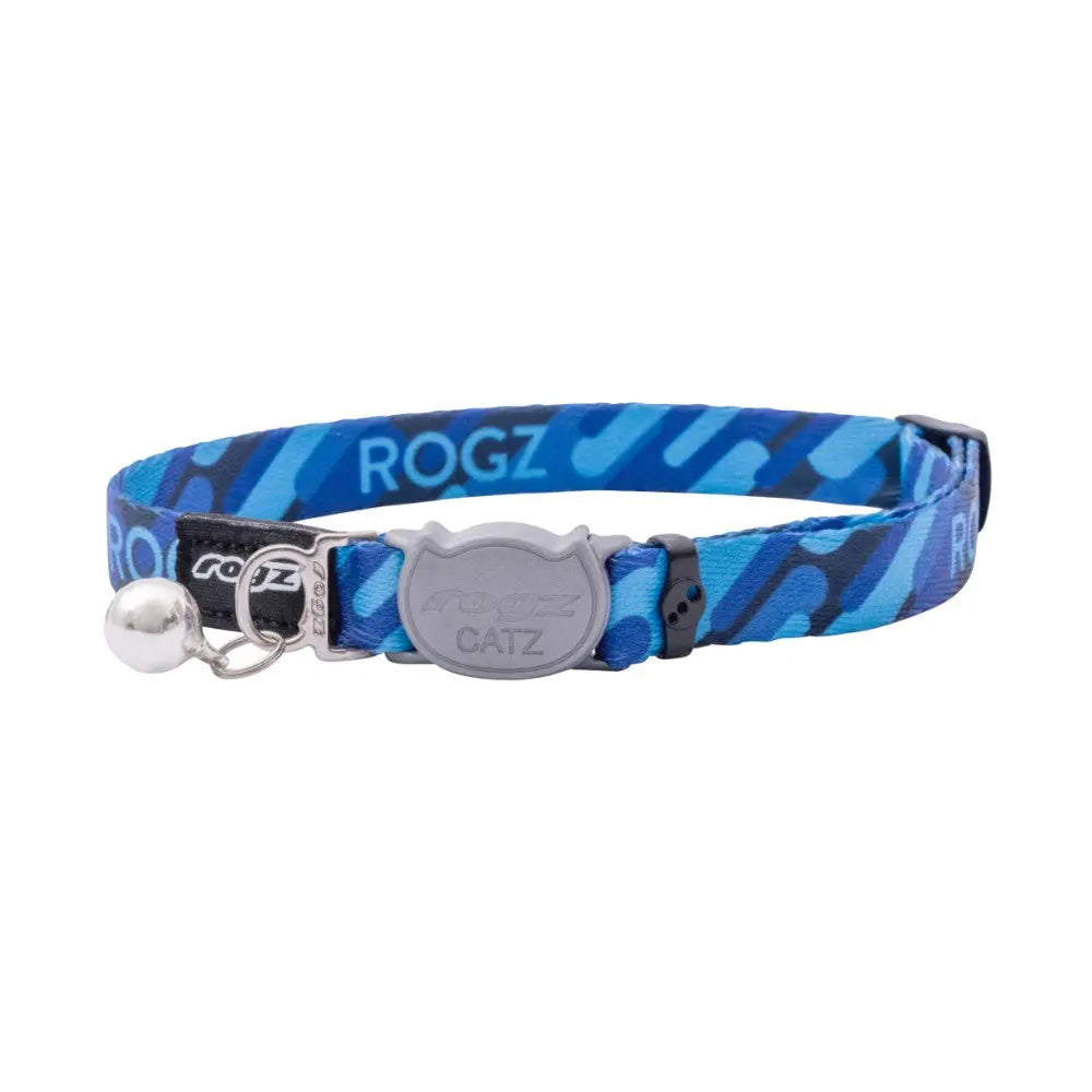 Rogz Fusion Cat Safety Collar in blue with vibrant patterns and break-away safety buckle for cat identification and comfort.