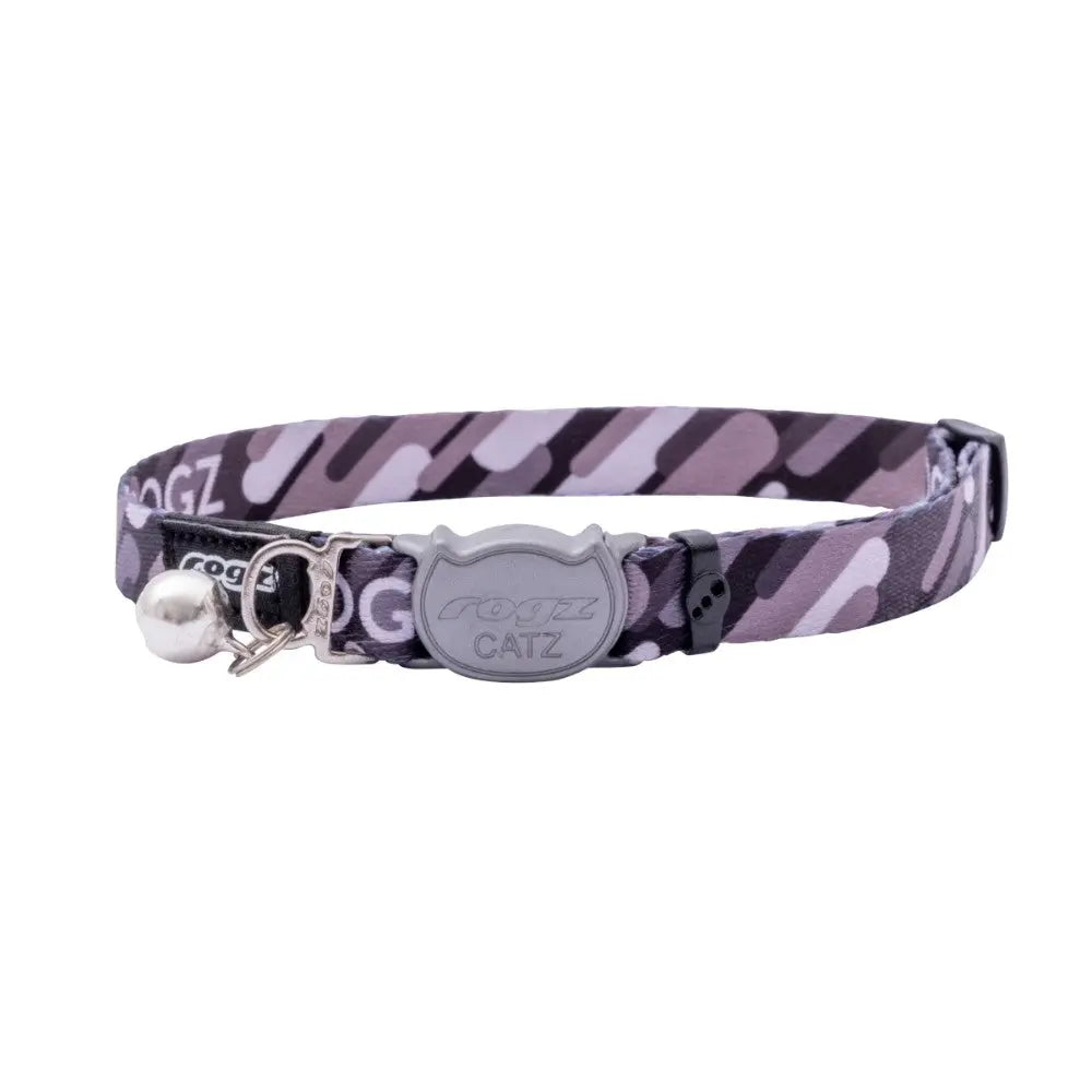Rogz Fusion Cat Safety Collar with vibrant patterns and a break-away safety buckle for cat comfort and identification.