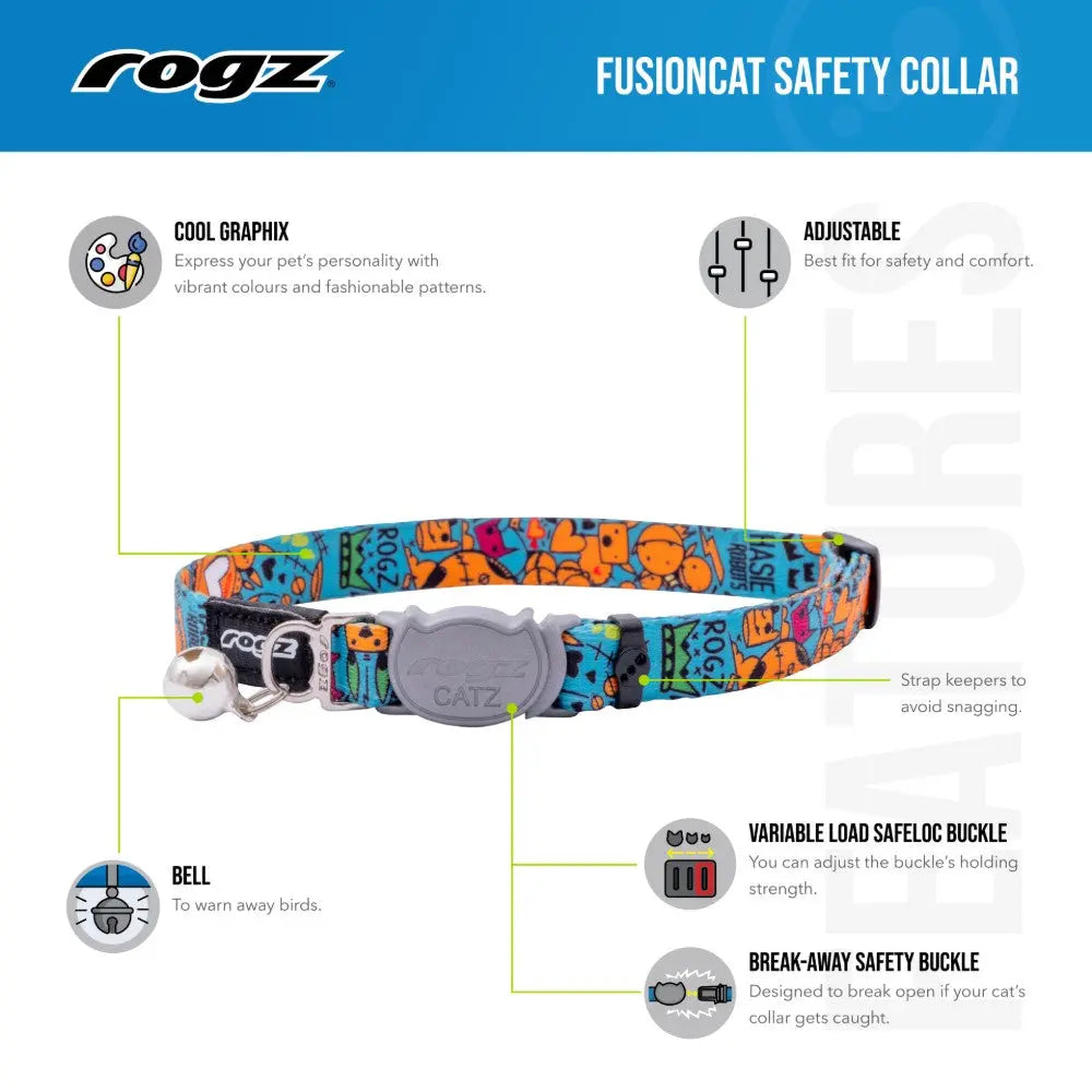 Rogz Fusion Cat Safety Collar with vibrant patterns, adjustable safety buckle, and durable materials for cat comfort.