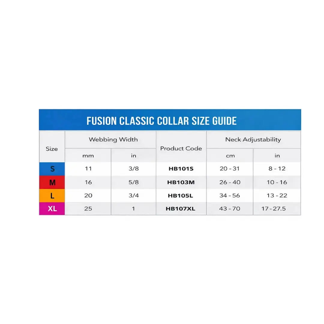 Rogz Fusion Classic Dog Lead size guide with webbing width and neck adjustability details.