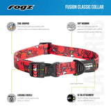 Rogz Fusion Classic Dog Collar featuring vibrant patterns, soft webbing, lockable buckle, and ID tag attachment.