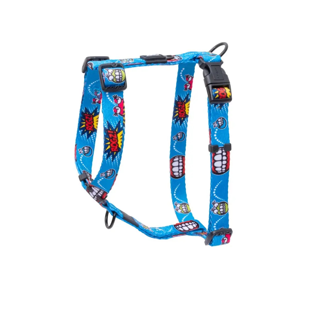 Rogz Fusion Classic Dog Harness in bright blue color with fun graphic design, ideal for comfortable dog walks.