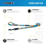 Rogz Fusion Classic Dog Lead features vibrant patterns, soft grip, and accessory holder for walks.
