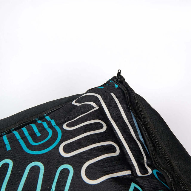 Close-up of Rogz Graphix Flat Dog Bed showing unique black and blue design, featuring durable fabric and zipper.