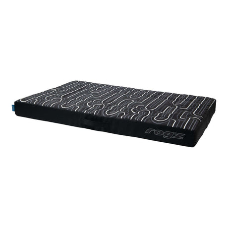 Rogz Graphix flat dog bed featuring bold patterns, durable polycotton fabric, and water-resistant design for stylish napping.