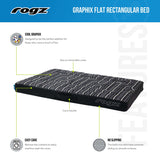 Rogz Graphix Flat Rectangular Dog Bed featuring cool design, removable cover, and non-slip base for stylish pet lounging.