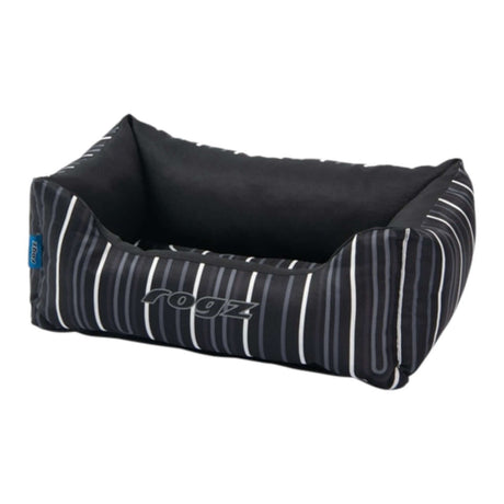 Rogz Graphix Walled Dog Bed in black and white stripes, stylish and durable design for pet comfort.
