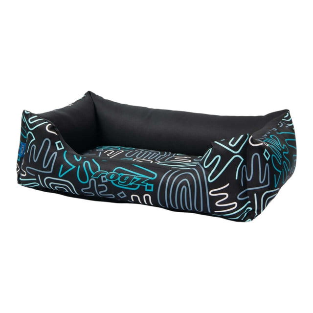 Rogz Graphix Walled Dog Bed in bold black design with colorful line patterns, perfect for stylish pet lounging.